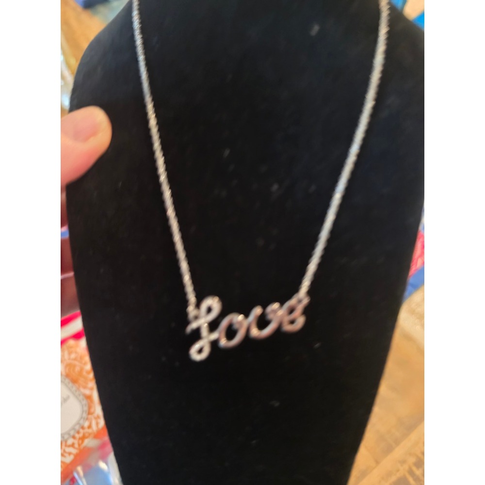 Lia Sophia Silver Tone Rhinestone Script Love Pendant Necklace Cable Chain - Picture 2 of 3